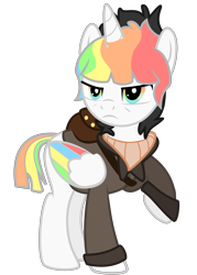 Size: 3462x4846 | Tagged: safe, artist:1ittlebird, derpibooru import, oc, oc:prismatic blitz, alicorn, pony, unicorn, alicorn oc, bomber jacket, clothes, female, grumpy, high res, jacket, mare, rainbow hair, raised hoof, simple background, solo, transparent background