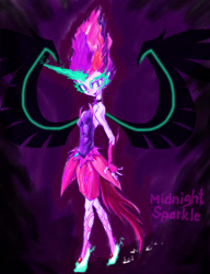 Size: 1920x2496 | Tagged: safe, artist:xjleiu, derpibooru import, midnight sparkle, sci-twi, twilight sparkle, equestria girls, friendship games, abstract background, choker, clothes, evil, gloves, jewelry, long gloves, skirt, solo, wings