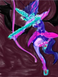 Size: 687x917 | Tagged: safe, artist:xjleiu, derpibooru import, midnight sparkle, sci-twi, twilight sparkle, equestria girls, about to shoot, arrow, bow, bow (weapon), bow and arrow, fight, flying, magic arrow, weapon