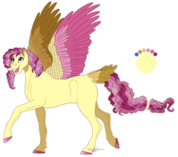 Size: 1276x1126 | Tagged: safe, artist:bijutsuyoukai, derpibooru import, oc, oc only, pegasus, pony, colored hooves, colored wings, female, magical lesbian spawn, mare, multicolored wings, offspring, parent:fluttershy, parent:pinkie pie, parents:flutterpie, raised hoof, simple background, solo, spread wings, tail feathers, transparent background, wings