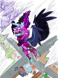 Size: 717x956 | Tagged: safe, artist:xjleiu, derpibooru import, midnight sparkle, sci-twi, twilight sparkle, equestria girls, clothes, female, flying, holding, scared