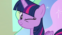 Size: 1280x720 | Tagged: safe, derpibooru import, screencap, twilight sparkle, twilight sparkle (alicorn), alicorn, school daze, one eye closed, wink