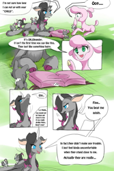 Size: 853x1280 | Tagged: safe, artist:luciferamon, derpibooru import, oleander, pom lamb, classical unicorn, dog, sheep, unicorn, them's fightin' herds, book, cloven hooves, comic, community related, curved horn, duo, female, leonine tail, mare, puppy, unshorn fetlocks