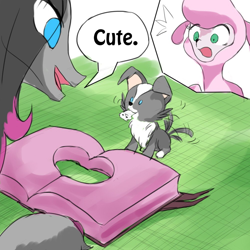 Size: 1000x1000 | Tagged: safe, artist:luciferamon, derpibooru import, oleander, pom lamb, them's fightin' herds, book, comic, community related, cute, puppy, shocked