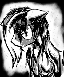 Size: 1000x1200 | Tagged: safe, artist:chaosmauser, derpibooru import, pony, vampony, floppy ears, monochrome, noir, rain, solo, wet mane