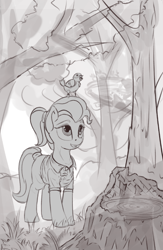 Size: 468x717 | Tagged: safe, artist:drafthoof, derpibooru exclusive, derpibooru import, doctor fauna, bird, forest, monochrome, scenery, smiling, solo, tree, tree stump