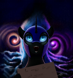 Size: 2600x2750 | Tagged: safe, artist:skitsroom, derpibooru import, nightmare moon, alicorn, pony, fangs, female, holding a sign, mare, solo, stars