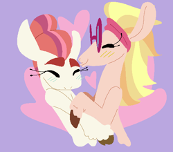 Size: 542x478 | Tagged: safe, artist:goatpaste, derpibooru import, honey lemon, moondancer's sister, morning roast, pony, unicorn, background pony, eyes closed, female, heart, honeyroast, lesbian, mare, missing horn, shipping, unshorn fetlocks