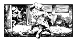 Size: 2550x1350 | Tagged: safe, artist:hobbes-maxwell, derpibooru import, oc, oc only, oc:homage, oc:littlepip, pony, unicorn, fallout equestria, fallout equestria illustrated, black and white, clothes, crying, cutie mark, drugs, duo, ear fluff, eyes closed, fanfic, fanfic art, female, floppy ears, grayscale, hooves, horn, mare, mint-als, monochrome, party time mintals, pipbuck, sitting, tenpony tower, vault suit