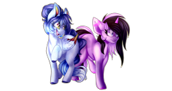 Size: 4464x2360 | Tagged: safe, artist:sodapopfairypony, derpibooru import, oc, oc only, oc:chia seed, oc:pheobe, pegasus, pony, unicorn, colored ears, colored hooves, colored horn, colored wings, colored wingtips, duo, duo female, ear fluff, female, gradient wings, mare, open mouth, raised hoof, shrunken pupils, simple background, smiling, starry eyes, transparent background, wingding eyes