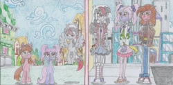 Size: 2247x1106 | Tagged: safe, artist:nephilim rider, derpibooru import, oc, oc:crimson spirit, oc:heaven lost, oc:lila lovely, pony, equestria girls, city, equestria girls-ified, ponified, ponyville, street, traditional art