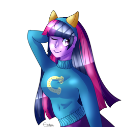 Size: 1024x1024 | Tagged: safe, artist:chloeprice228, derpibooru import, twilight sparkle, equestria girls, arm behind head, female, one eye closed, simple background, solo