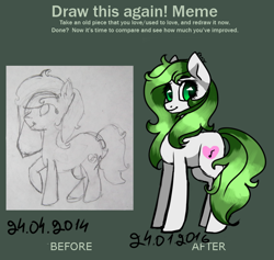 Size: 784x744 | Tagged: safe, artist:chloeprice228, derpibooru import, oc, oc only, oc:green day, earth pony, pony, cute, draw this again, female, looking at you, mare, meme, simple background, solo, standing