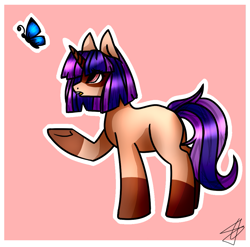 Size: 1003x991 | Tagged: safe, artist:chloeprice228, derpibooru import, oc, oc only, butterfly, pony, unicorn, abstract background, female, mare, open mouth, raised hoof, solo, standing