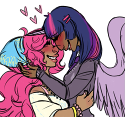 Size: 527x493 | Tagged: safe, artist:kawaiishark, derpibooru import, pinkie pie, twilight sparkle, human, alicorn humanization, alternate hairstyle, bracelet, dark skin, female, horned humanization, humanized, jewelry, lesbian, shipping, tumblr nose, twinkie, winged humanization, wings