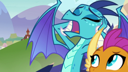 Size: 1280x720 | Tagged: safe, derpibooru import, screencap, princess ember, smolder, dragon, school daze, claws, covering ears, dragoness, drama queen, duo, eyes closed, female, giving in, hands on head, horns, humorus, looking up, obscured face, open mouth, raised eyebrow, solo focus, spread wings, teenaged dragon, teenager, wings, yelling