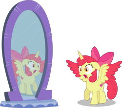 Size: 8224x7312 | Tagged: safe, artist:frownfactory, artist:parclytaxel, derpibooru import, apple bloom, alicorn, .svg available, absurd resolution, alicornified, apple bloom's bow, bloomicorn, bow, cutie mark, female, filly, hair bow, horn, mirror, open mouth, race swap, reflection, simple background, solo, startled, svg, transparent background, two toned wings, vector, wings