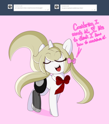 Size: 3500x4000 | Tagged: safe, artist:fullmetalpikmin, derpibooru import, oc, oc only, oc:cherry blossom, pony, unicorn, amputee, ask, bow, eye clipping through hair, eyes closed, female, hair bow, mare, pigtails, pink background, prosthetic limb, prosthetics, simple background, tumblr, tumblr:ask viewing pleasure, twintails