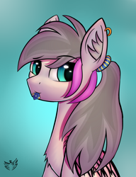 Size: 2300x3000 | Tagged: safe, artist:xeniusfms, derpibooru import, oc, oc only, oc:light beam, pegasus, pony, ear fluff, ear piercing, female, gradient background, high res, mare, piercing, signature, solo
