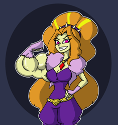 Size: 1815x1927 | Tagged: safe, artist:da-fuze, derpibooru import, adagio dazzle, equestria girls, acardio dazzle, big hair, breasts, female, flexing, growth, hand on hip, hips, long hair, looking at you, muscle expansion, muscle growth, muscles, simple background, smiling, solo, white outline