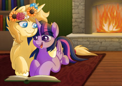 Size: 1200x848 | Tagged: safe, artist:littlehybridshila, derpibooru import, twilight sparkle, twilight sparkle (alicorn), oc, alicorn, alicorn oc, book, bookshelf, canon x oc, fireplace, floral head wreath, flower, heart eyes, reading, wingding eyes