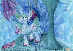 Size: 3487x2448 | Tagged: safe, artist:magnifsunspiration, derpibooru import, oc, pony, unicorn, crystal, female, glowing horn, high res, magic, mare, solo, telekinesis, traditional art, unshorn fetlocks