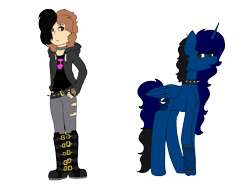 Size: 1600x1200 | Tagged: safe, artist:icey-wicey-1517, artist:midnightamber, derpibooru import, oc, oc:midnight, alicorn, human, pony, alicorn oc, belt, boots, choker, clothes, colored, dyed hair, dyed mane, ear piercing, earring, eyebrow piercing, female, goth, hoodie, jeans, jewelry, mare, pants, piercing, self insert, shoes, simple background, spiked choker, torn clothes, transparent background