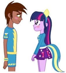 Size: 1024x1128 | Tagged: safe, artist:bluerainipony, derpibooru import, twilight sparkle, oc, oc:courageous heart, equestria girls, canon x oc, female, male, simple background, straight, transparent background, wondercolts uniform