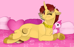 Size: 887x566 | Tagged: safe, artist:69beas, derpibooru import, oc, oc only, oc:jessie feuer, pony, unicorn, cute, fluffy, one eye closed, plushie, pose, smiling, solo