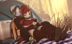 Size: 3718x2250 | Tagged: safe, artist:skyleesfm, derpibooru import, oc, oc:lovers, oc:skye light, anthro, 3d, backpack, camping, car, clothes, cooler, female, forest, lesbian, phone, socks, source filmmaker, striped socks