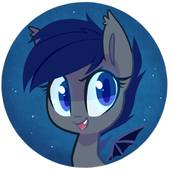 Size: 981x971 | Tagged: safe, artist:meekcheep, derpibooru import, oc, oc only, oc:shift, bat pony, badge, bat chat, bat pony oc, bat wings, bust, button, colored pupils, cute, cute little fangs, ear fluff, ear tufts, fangs, female, looking at you, mare, night, night sky, open mouth, portrait, sky, smiling, solo, spread wings, teeth, wings