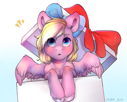 Size: 2300x1846 | Tagged: safe, artist:luxuryblackpants, derpibooru import, oc, oc only, oc:bay breeze, pegasus, pony, blushing, bow, box, cute, female, hair bow, looking up, mare, pony in a box, present, spread wings, wings