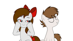 Size: 2000x1129 | Tagged: safe, artist:rsa.fim, derpibooru import, edit, edited screencap, screencap, oc, oc:crash bash, oc:whisper hope, earth pony, pony, cheek fluff, crashope, female, male, mare, oc x oc, red eyes, ribbon, shipping, simple background, tail wrap, transparent background