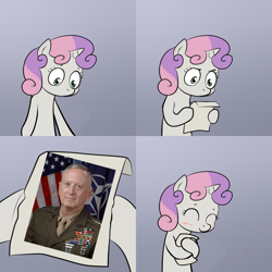 Size: 1024x1024 | Tagged: safe, derpibooru import, sweetie belle, human, pony, unicorn, american flag, bipedal, blushing, clothes, comic, exploitable meme, female, filly, gradient background, happy, hoof hold, horn, hug, irl, irl human, james mattis, letter, meme, note, obligatory pony, paper, photo, smiling, solo, sweetie hugs a note, sweetie's note meme, two toned hair, uniform, white coat