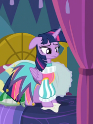 Size: 360x480 | Tagged: safe, derpibooru import, screencap, twilight sparkle, twilight sparkle (alicorn), alicorn, pony, school daze, bed, clothes, cropped, curtains, dress, jester dress, messy mane, pillow, ruff (clothing), sad, solo, tissue