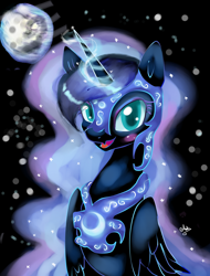 Size: 1600x2106 | Tagged: safe, artist:latia122, derpibooru import, nightmare moon, alicorn, pony, armor, blushing, bust, colored pupils, cute, female, glowing horn, helmet, looking at you, mare, mare in the moon, moon, open mouth, portrait, signature, solo, stars