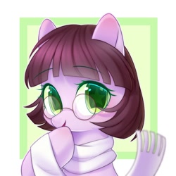 Size: 1500x1500 | Tagged: safe, artist:leafywind, derpibooru import, oc, oc only, pony, bust, clothes, colored pupils, female, glasses, looking at you, mare, open mouth, scarf, solo, starry eyes, wingding eyes