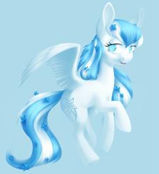 Size: 1633x1783 | Tagged: safe, artist:vernumis, derpibooru import, oc, oc only, oc:starline, pegasus, pony, blue background, colored pupils, female, flying, looking back, mare, open mouth, simple background, solo