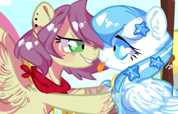 Size: 1047x670 | Tagged: artist needed, safe, derpibooru import, oc, oc only, oc:starline, pegasus, pony, duo, duo female, ear fluff, female, heart eyes, looking at each other, mare, spread wings, tongue out, wingding eyes, wings