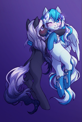 Size: 607x911 | Tagged: safe, artist:miioko, derpibooru import, oc, oc only, oc:starline, earth pony, pegasus, pony, blushing, clothes, duo, duo female, female, gradient background, mare, one eye closed, socks