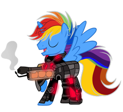 Size: 1024x934 | Tagged: safe, artist:mintoria, derpibooru import, oc, oc:rainbowblazie, alicorn, pony, alicorn oc, male, powered exoskeleton, simple background, solo, stallion, transparent background, weapon