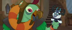 Size: 1920x804 | Tagged: safe, derpibooru import, screencap, murdock, storm king, anthro, parrot, my little pony: the movie, bobblehead, derp, parrot pirates, pirate, prosthetic beak, tongue out, toy