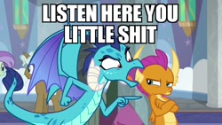 Size: 640x360 | Tagged: safe, derpibooru import, edit, edited screencap, screencap, princess ember, smolder, dragon, school daze, crossed arms, female, image macro, listen here, listen here you little, meme, vulgar