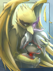 Size: 2118x2864 | Tagged: safe, artist:blvckmagic, derpibooru import, oc, oc only, oc:cella, oc:shady night, griffon, pony, cedy, cuddling, duo, feather, female, male, mare, pouting