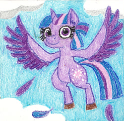 Size: 1837x1787 | Tagged: safe, artist:eternaljonathan, derpibooru import, twilight sparkle, twilight sparkle (alicorn), alicorn, original species, colored, crayon, feather, flying, harpy pony, solo, species swap, traditional art