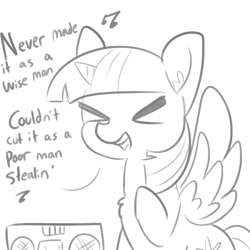 Size: 1650x1650 | Tagged: safe, artist:tjpones, derpibooru import, twilight sparkle, twilight sparkle (alicorn), alicorn, chest fluff, dialogue, ear fluff, eyes closed, female, grayscale, how you remind me, mare, monochrome, music notes, nickelback, raised hoof, simple background, singing, solo, song reference, white background