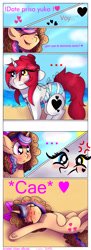 Size: 2362x6496 | Tagged: safe, artist:sweethearts11, derpibooru import, oc, oc only, oc:sweet hearts, oc:yuko, earth pony, pony, unicorn, :3, beach, blushing, clothes, faint, female, heart eyes, heterochromia, high res, mare, one-piece swimsuit, spanish, swimsuit, wingding eyes