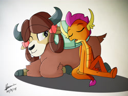 Size: 4608x3456 | Tagged: safe, artist:brianchoobrony-artie, derpibooru import, smolder, yona, dragon, yak, school daze, monkey swings, prone, sleeping