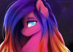 Size: 4200x3000 | Tagged: safe, artist:skylacuna, derpibooru import, oc, oc only, oc:sun bloom, pony, blue eyes, blue hair, blue mane, bust, digital art, female, gradient hair, gradient mane, mare, multicolored hair, multicolored mane, orange hair, orange mane, pink coat, portrait, purple hair, purple mane, solo, yellow hair, yellow mane