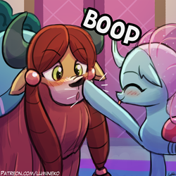 Size: 750x750 | Tagged: safe, artist:lumineko, derpibooru import, ocellus, yona, changedling, changeling, yak, school daze, :o, :p, blushing, boop, cute, diaocelles, duo, eyes closed, female, floppy ears, horn, nose wrinkle, open mouth, silly, smiling, surprised, sweet dreams fuel, text, tongue out, wide eyes, yonadorable
